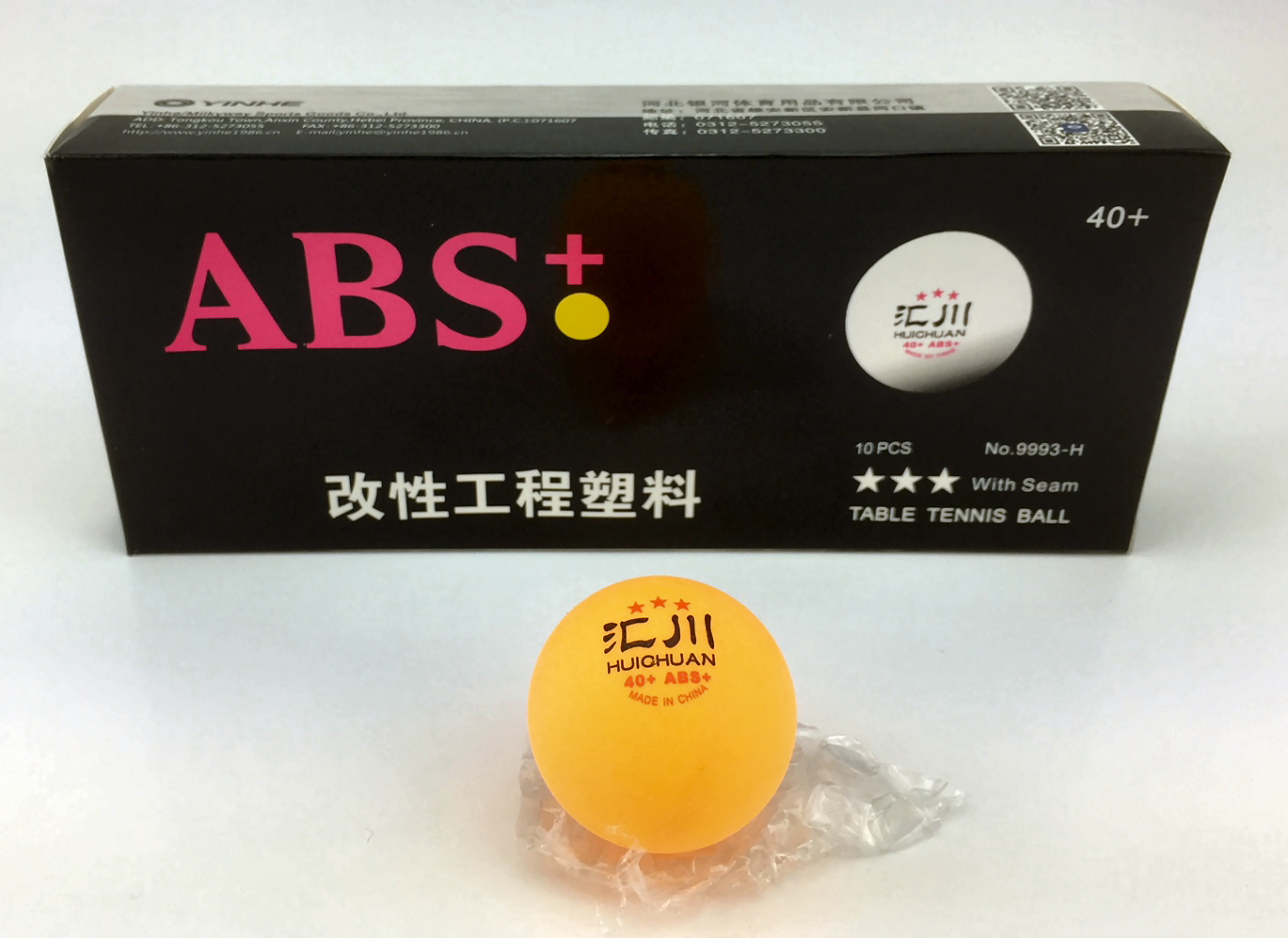 YINHE 3-STAR 9993Y Huichuan ABS POLY TT Ball Box of 10 Orange - Click Image to Close